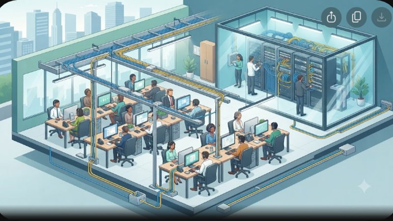 Современная иллюстрация процесса монтажа структурированной кабельной системы в офисном бизнес-центре по стандартам 2026 года